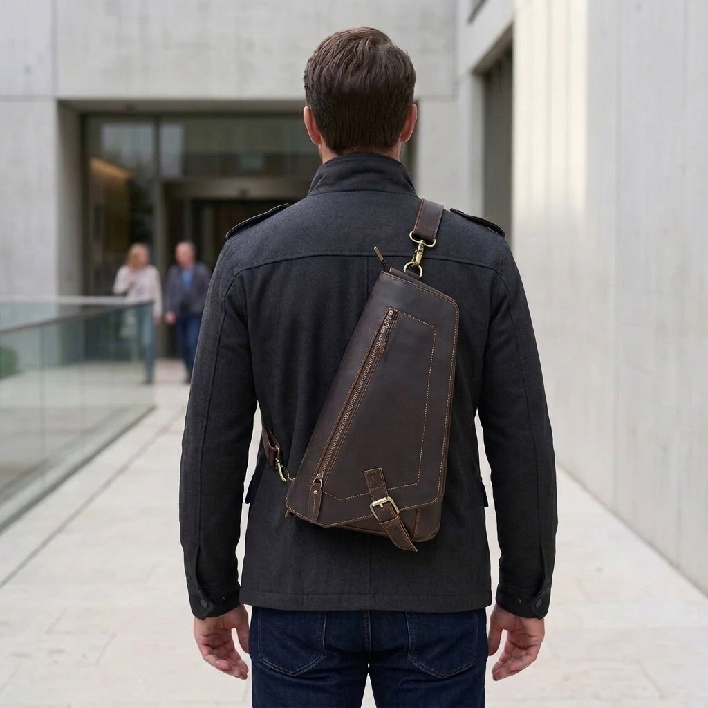 Men's Full-Grain Leather Triangle Sling Bag — worn on the back, rear view