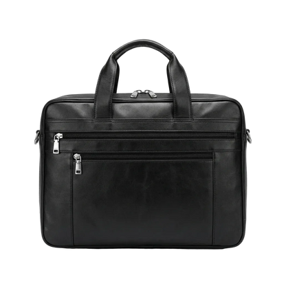 Men's Business Leather Briefcase Bag — front view in black with zip front pocket