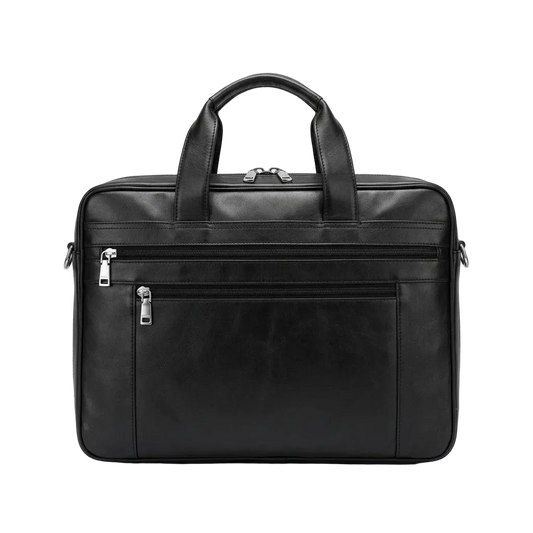 Men's Business Leather Briefcase Bag — front view in black with zip front pocket