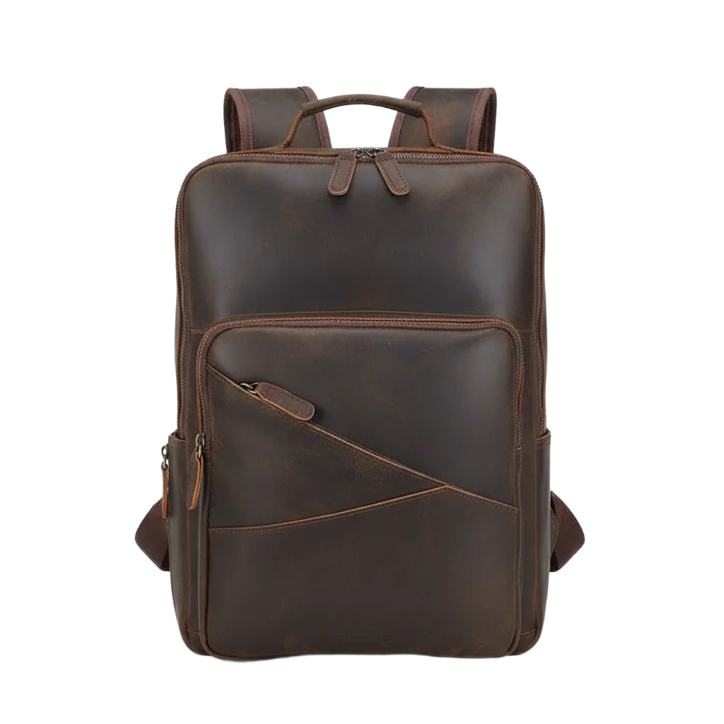 Men's Leather Travel Laptop Backpack — front view in Dark Brown with diagonal zip pocket