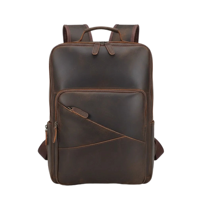 Men's Leather Travel Laptop Backpack — front view in Dark Brown with diagonal zip pocket