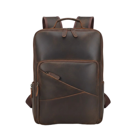 Men's Leather Travel Laptop Backpack — front view in Dark Brown with diagonal zip pocket