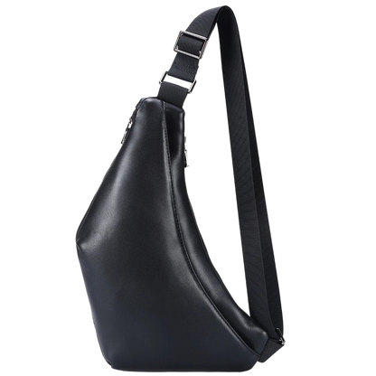 Men's Premium Matte Leather Sling Bag — side view in Black with shoulder strap