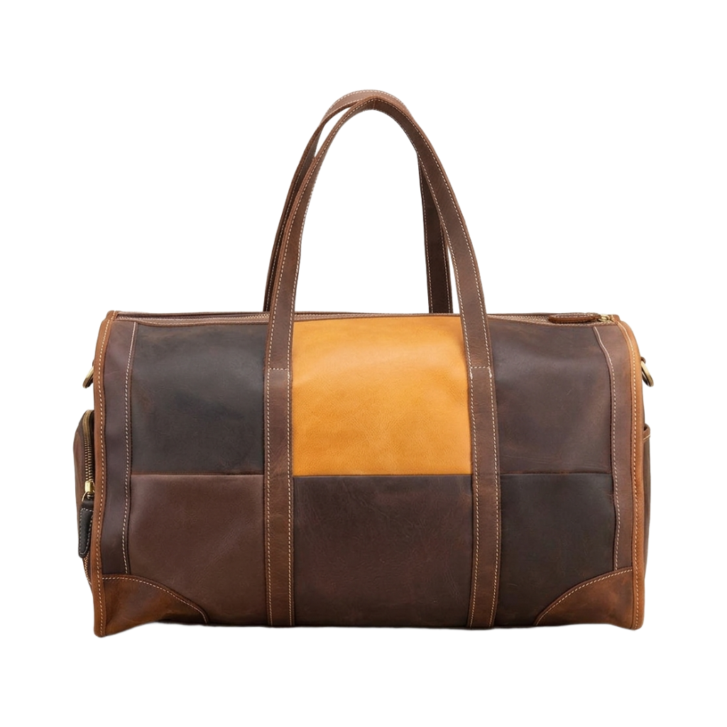 Men's Two-Tone Full-Grain Leather Duffle Bag — front view in Brown & Tan