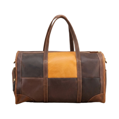 Men's Two-Tone Full-Grain Leather Duffle Bag — front view in Brown & Tan