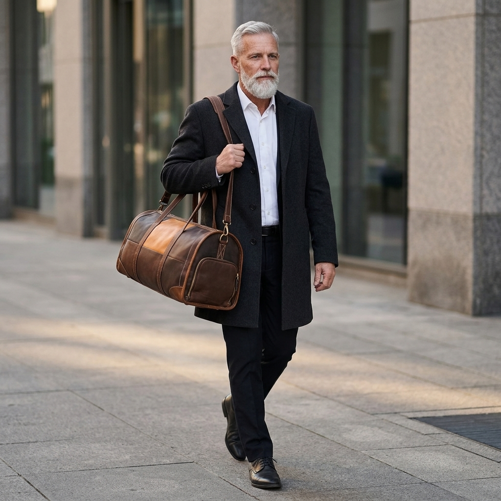 Men's Two-Tone Full-Grain Leather Duffle Bag — carried over the shoulder by a man in a dark overcoat