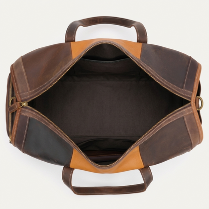 Men's Two-Tone Full-Grain Leather Duffle Bag — open from above, empty interior
