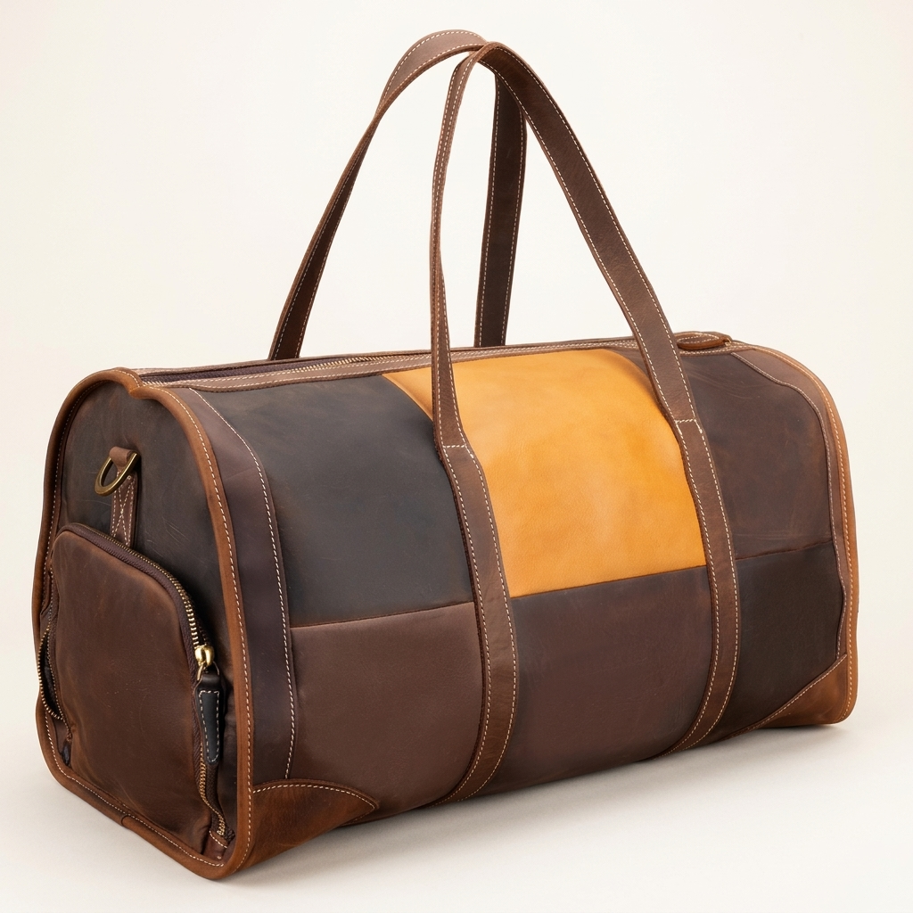 Men's Two-Tone Full-Grain Leather Duffle Bag — three-quarter front view