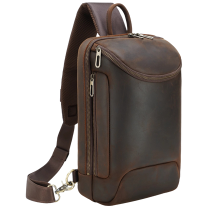 Men's Crazy Horse Leather Tablet Sling Bag — front view in Dark Brown with zippers and strap