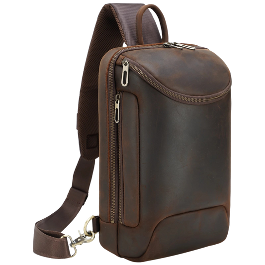Men's Crazy Horse Leather Tablet Sling Bag — front view in Dark Brown with zippers and strap