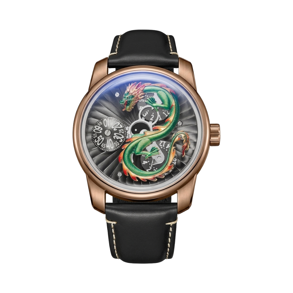 OBLVLO DRAGON-N - rose gold green dragon front view packshot