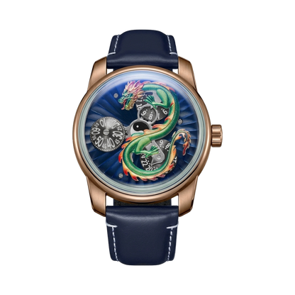 OBLVLO DRAGON-N - rose gold green dragon front view packshot