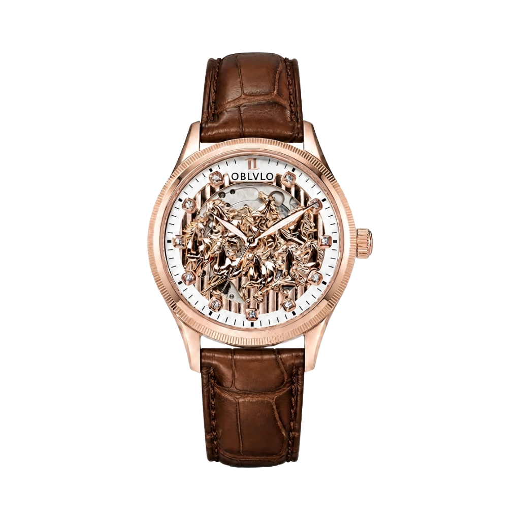 OBLVLO VMH Horse Relief - Equestrian Automatic Watch with Gem-Set Markers