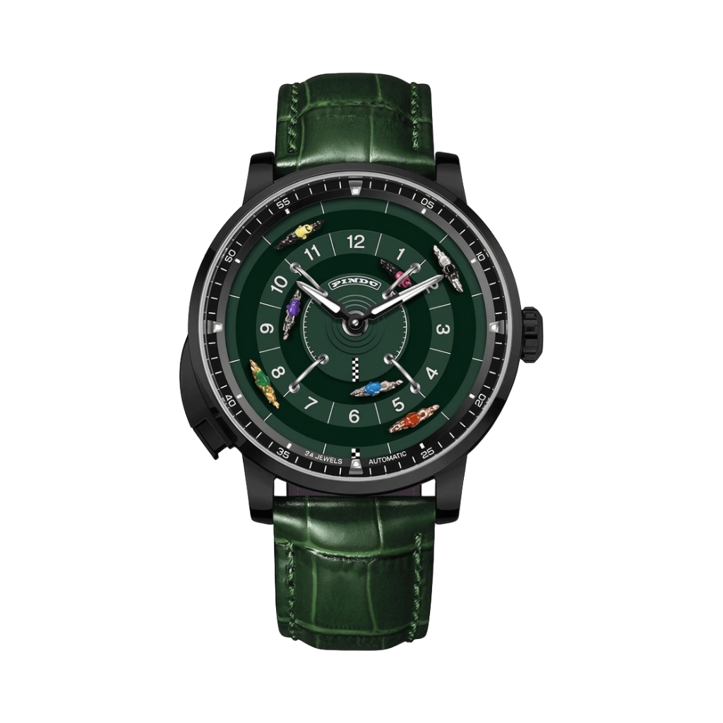 PINDU 6652 - black case green dial front view packshot