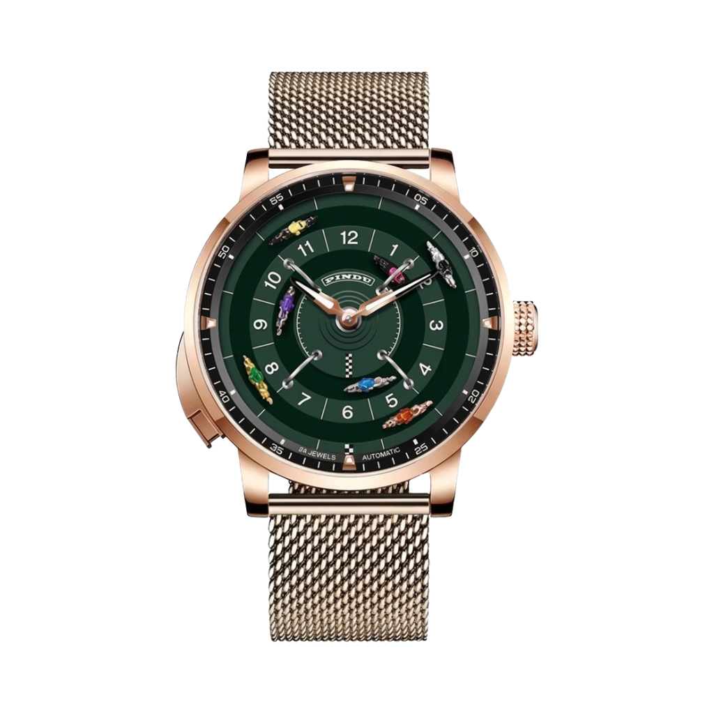 PINDU 6652 Mesh Bracelet - Horse Racing Automatic Watch with Push-Button Game