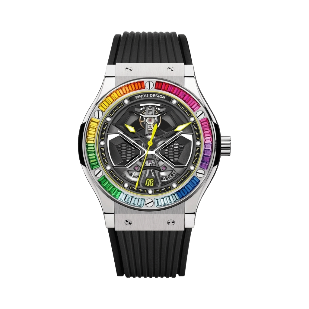 PINDU P6552 - rainbow bezel black strap front view packshot