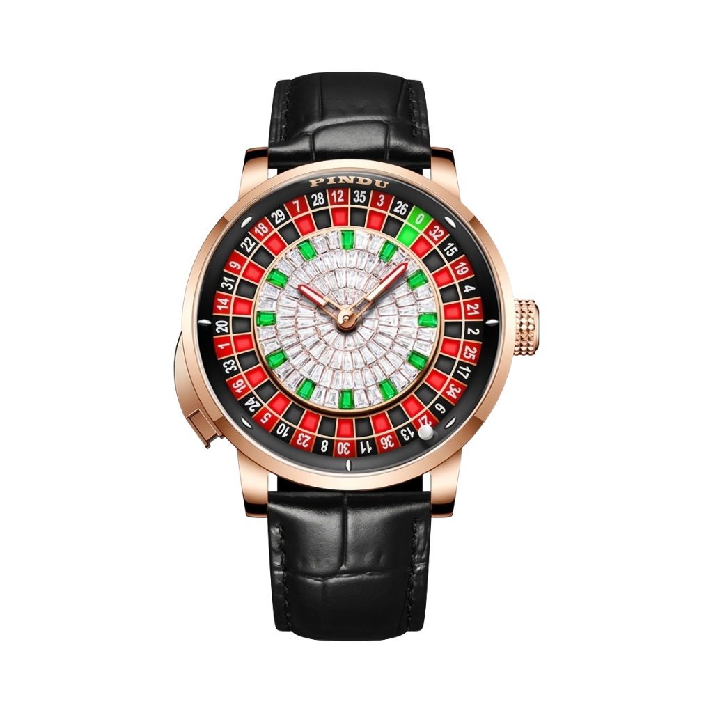 PINDU P6628 Black Strap Rose Gold - Roulette Automatic Watch with Rotating Wheel
