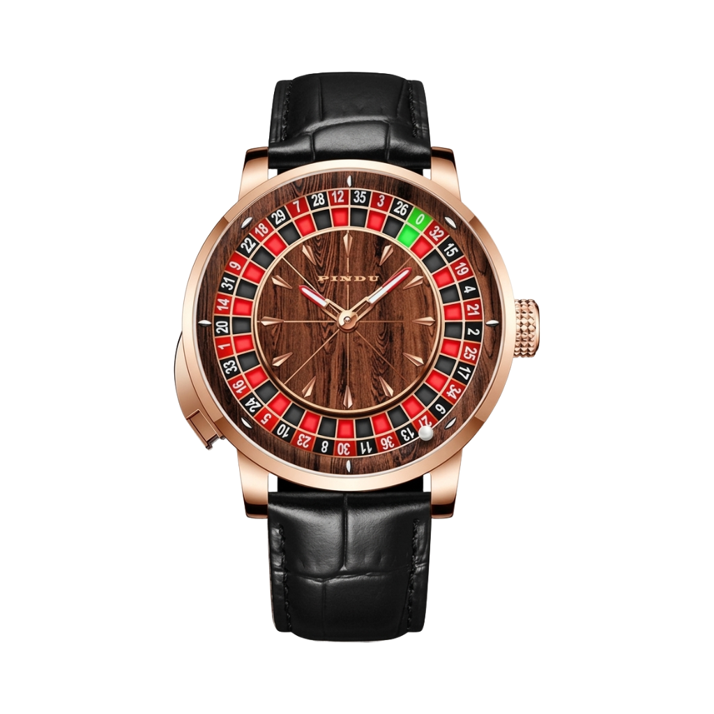 PINDU P6663 Black Strap - Roulette Wood Dial Watch with NH35 Movement