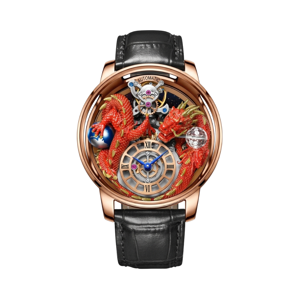 PINDU PD6622 Black Strap Rose Gold - Dragon Tourbillon Quartz Watch with 3D Dragon Dial