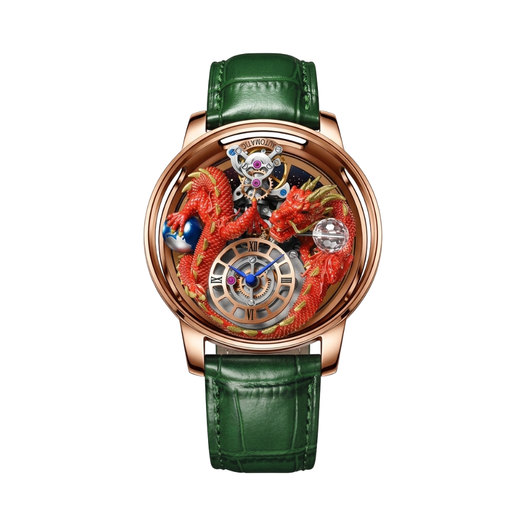 PINDU PD6622 Green Strap Rose Gold - Dragon Tourbillon Quartz Watch with 3D Dragon Dial
