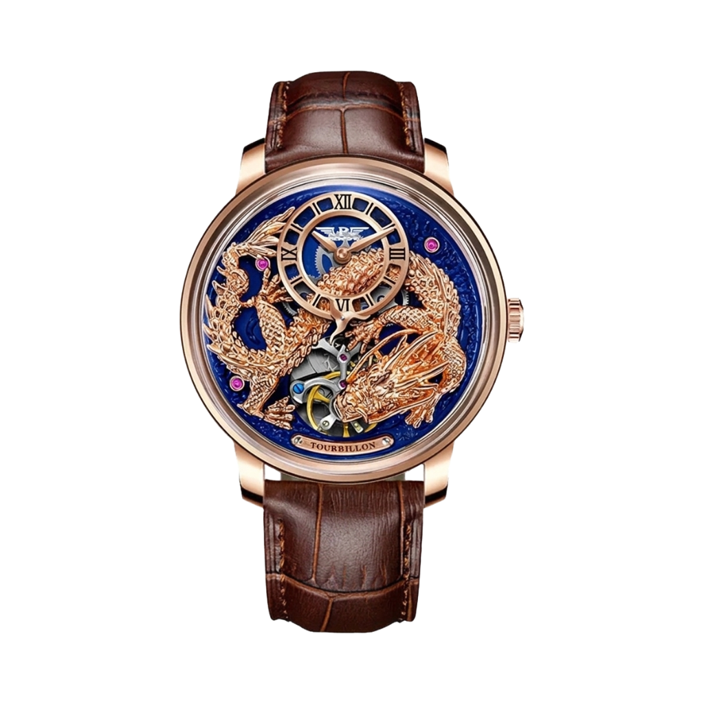 PINDU PD6632 - gold dragon brown strap front view packshot