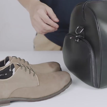 Black Full-Grain Leather Weekender Duffel with Shoe Compartment