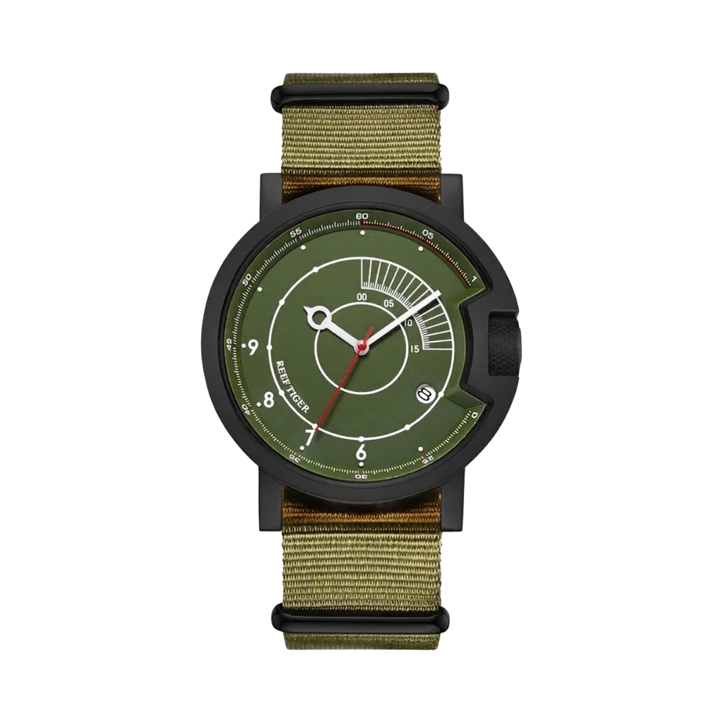 REEF TIGER RGA9035 Army Green Nylon Strap - Automatic Racing Watch with Notched Case and Gauge Dial