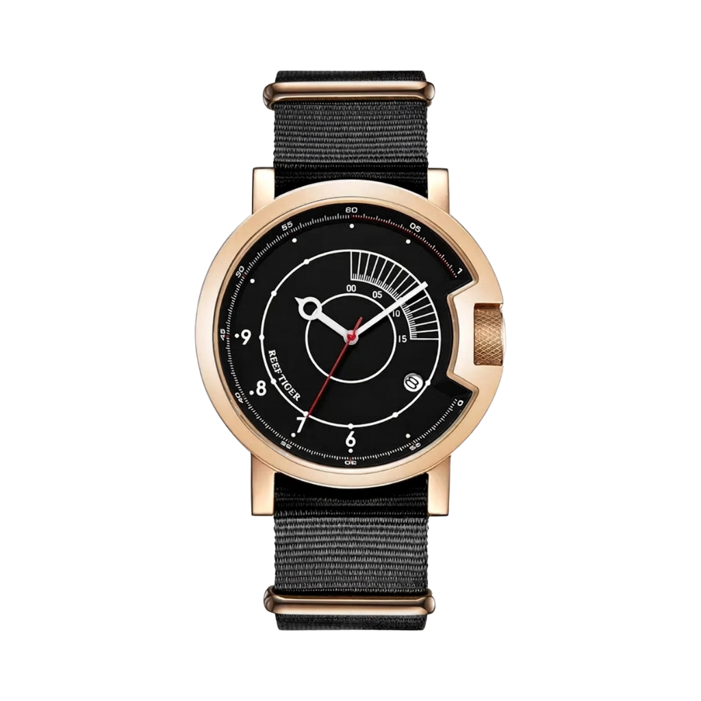 REEF TIGER RGA9035 - rose gold case black dial front view packshot
