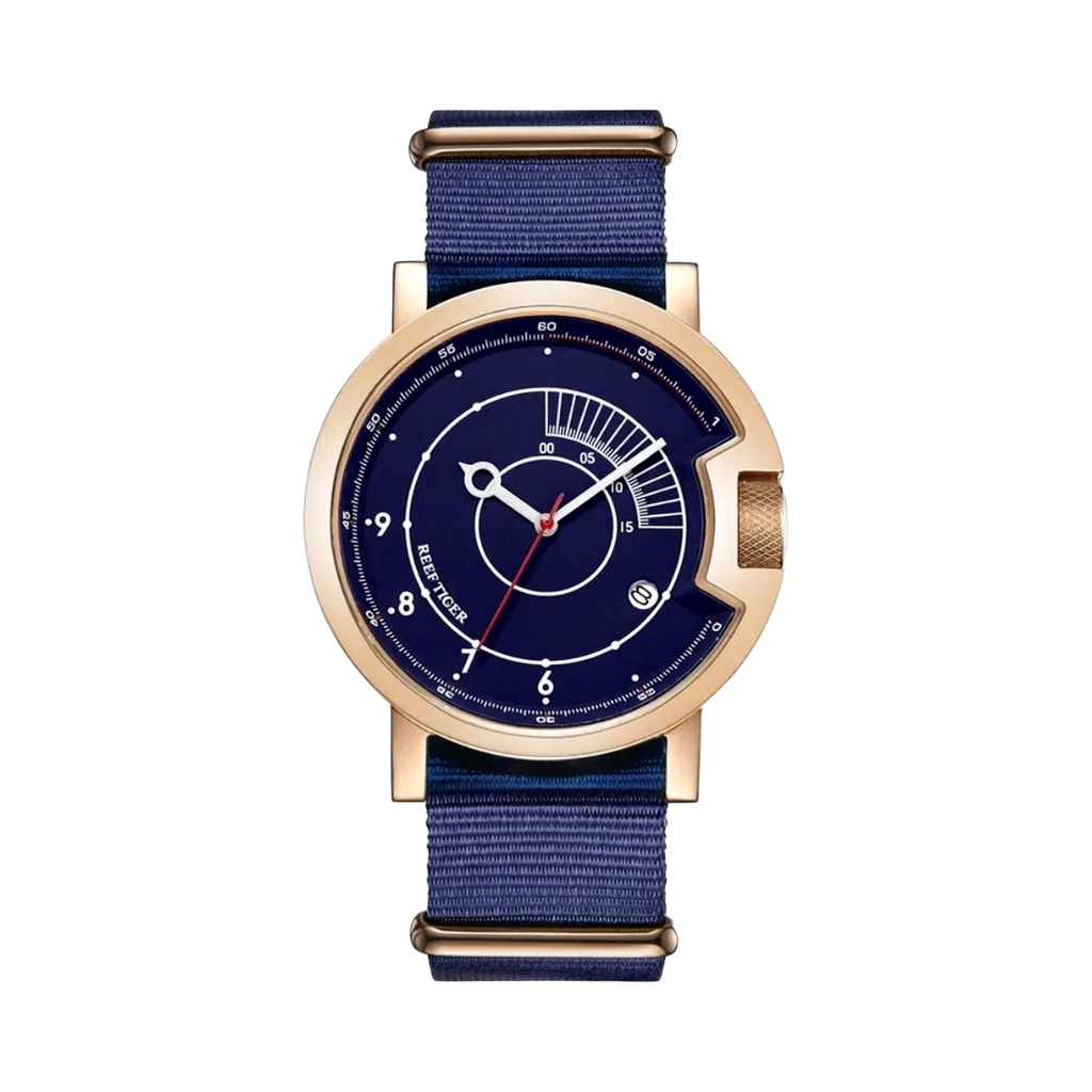 REEF TIGER RGA9035 - rose gold case blue dial front view packshot