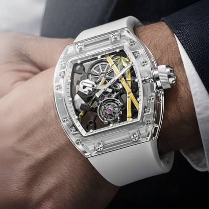 Cronusart CM08 030 Panda sapphire tourbillon watch in luxury box on cushion with transparent sapphire case and white strap