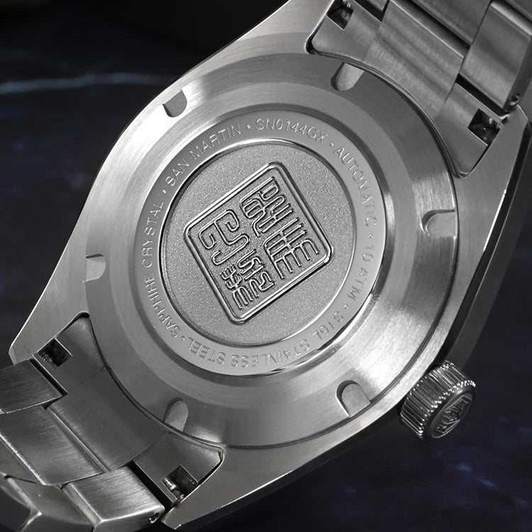 San Martin SN0144 Horizon automatic watch stainless steel caseback engraving close-up, featuring logo and specifications