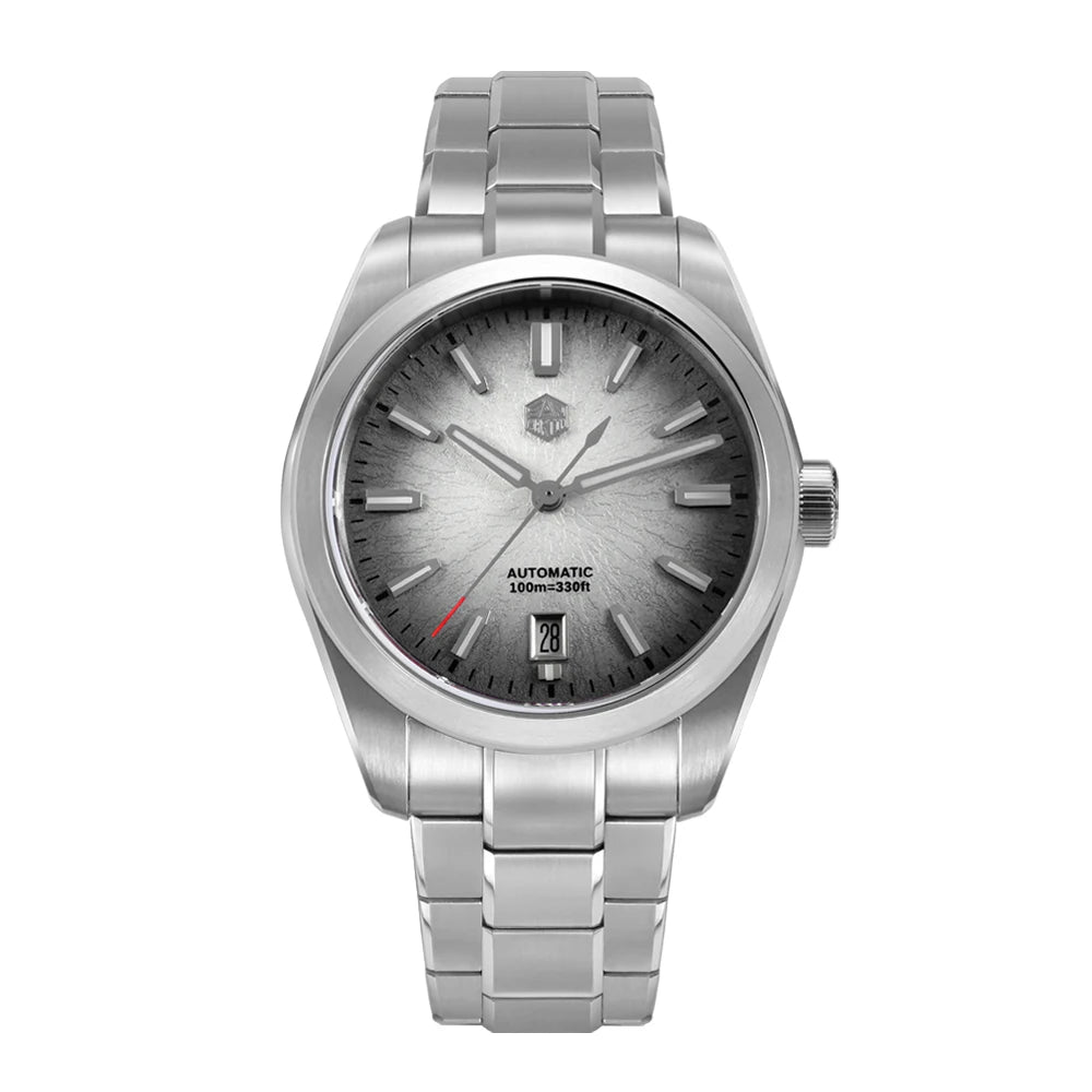 San Martin SN0144 Horizon men’s automatic watch with grey textured dial and brushed steel bracelet, combining minimalism with technical precision.