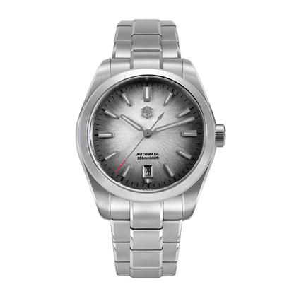 San Martin SN0144 Horizon men’s automatic watch with grey textured dial and brushed steel bracelet, combining minimalism with technical precision.