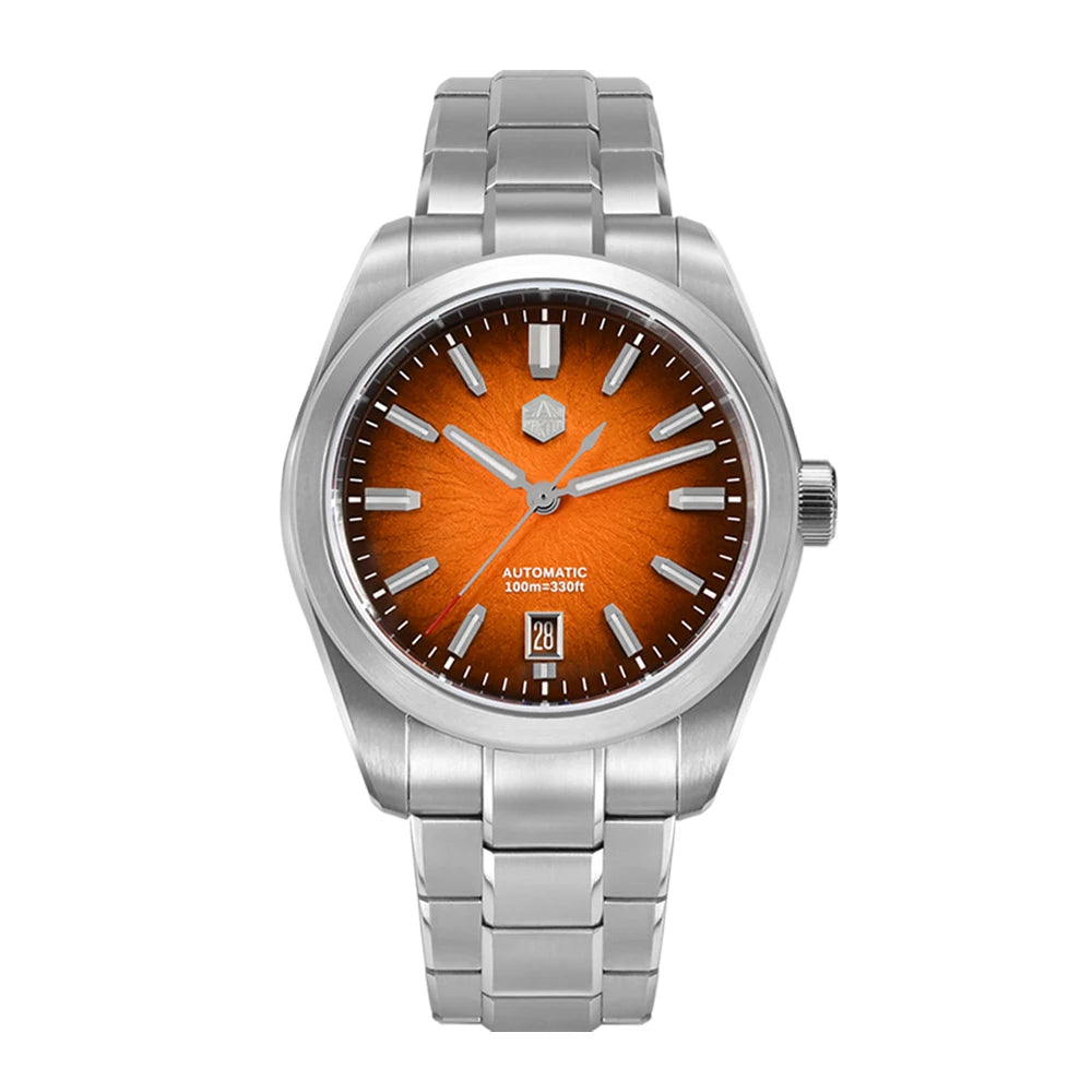 San Martin SN0144 Horizon men’s automatic watch with vivid orange dial and stainless steel bracelet, offering 100m water resistance and a sleek modern finish.
