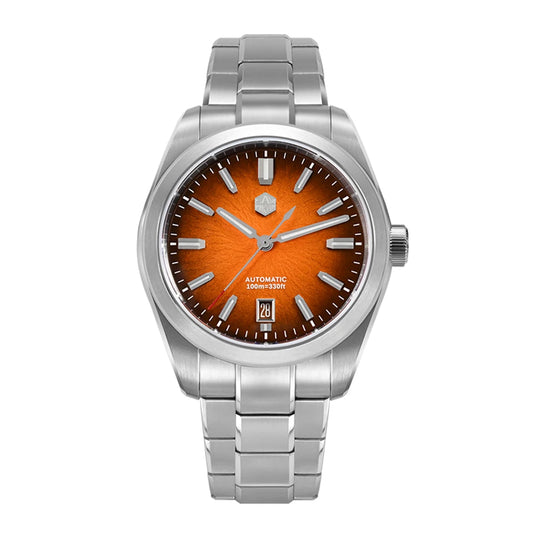San Martin SN0144 Horizon men’s automatic watch with vivid orange dial and stainless steel bracelet, offering 100m water resistance and a sleek modern finish.