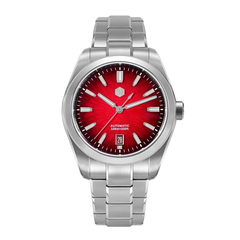 San Martin SN0144 Horizon men’s automatic wristwatch with deep red sunburst dial, silver indexes, and robust stainless steel case.