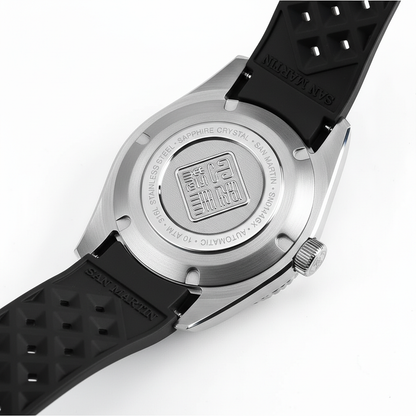 San Martin SN0144 automatic mechanical watch with alarm stainless steel caseback with engraved specifications