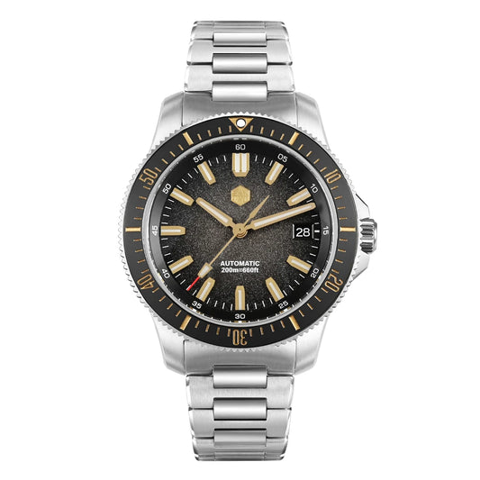 San Martin automatic men’s dive watch 200m with black gradient dial and gold markers on stainless steel bracelet, luxury San Martin dive watches.