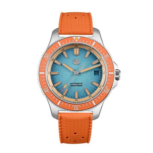 San Martin automatic men’s dive watch 200m with blue textured dial, orange bezel and strap, best San Martin watches waterproof NH35 movement.