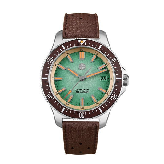 San Martin men’s automatic dive watch with green textured dial, brown bezel and strap, waterproof San Martin dive watches 200 meters.