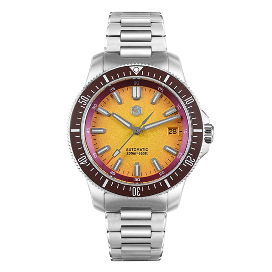 San Martin dive watch automatic 200m with yellow textured dial, brown bezel and stainless steel bracelet, best San Martin watches men’s.