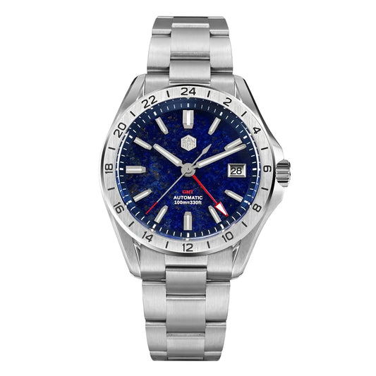 San Martin Aventurine GMT automatic watch with lapis lazuli gemstone dial and NH34 movement.