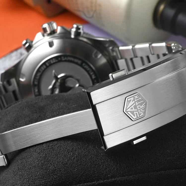 San Martin Chronograph Diver screw-down stainless steel caseback with 3D shark logo engraving.