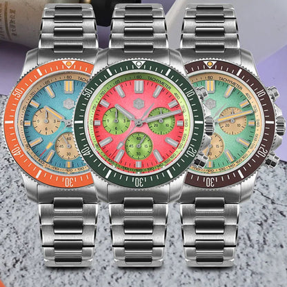 Close-up of San Martin Chronograph Diver gradient dial with luminous BGW-X1 and orange markers.