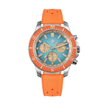 San Martin Chronograph Diver automatic watch glowing in the dark on FKM rubber strap.