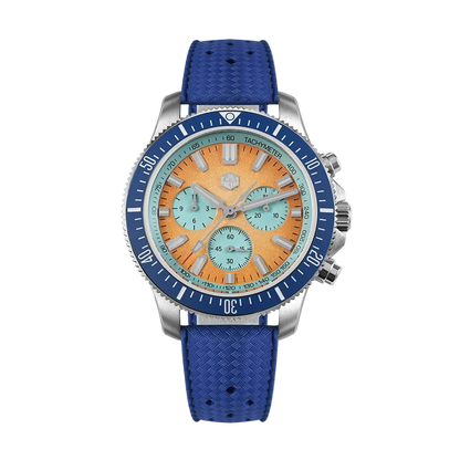 Close-up of San Martin Chronograph Diver showing durable FKM rubber strap and buckle clasp.