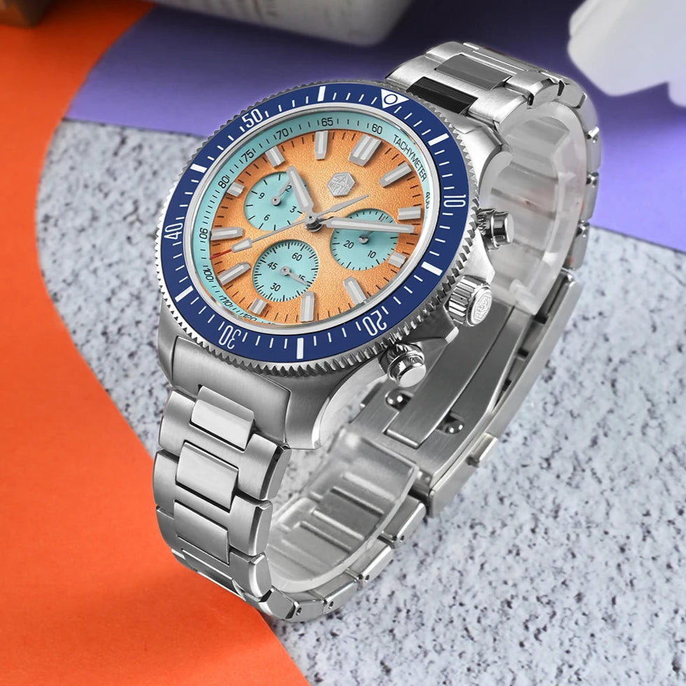 Side view of San Martin Chronograph Diver stainless steel case with sapphire bubble crystal.