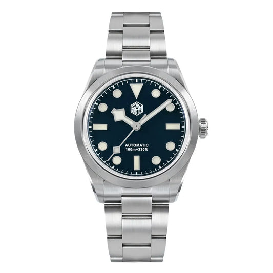 San Martin Explorer 38 enamel blue dial with snowflake hands and BGW-9 luminous markers.