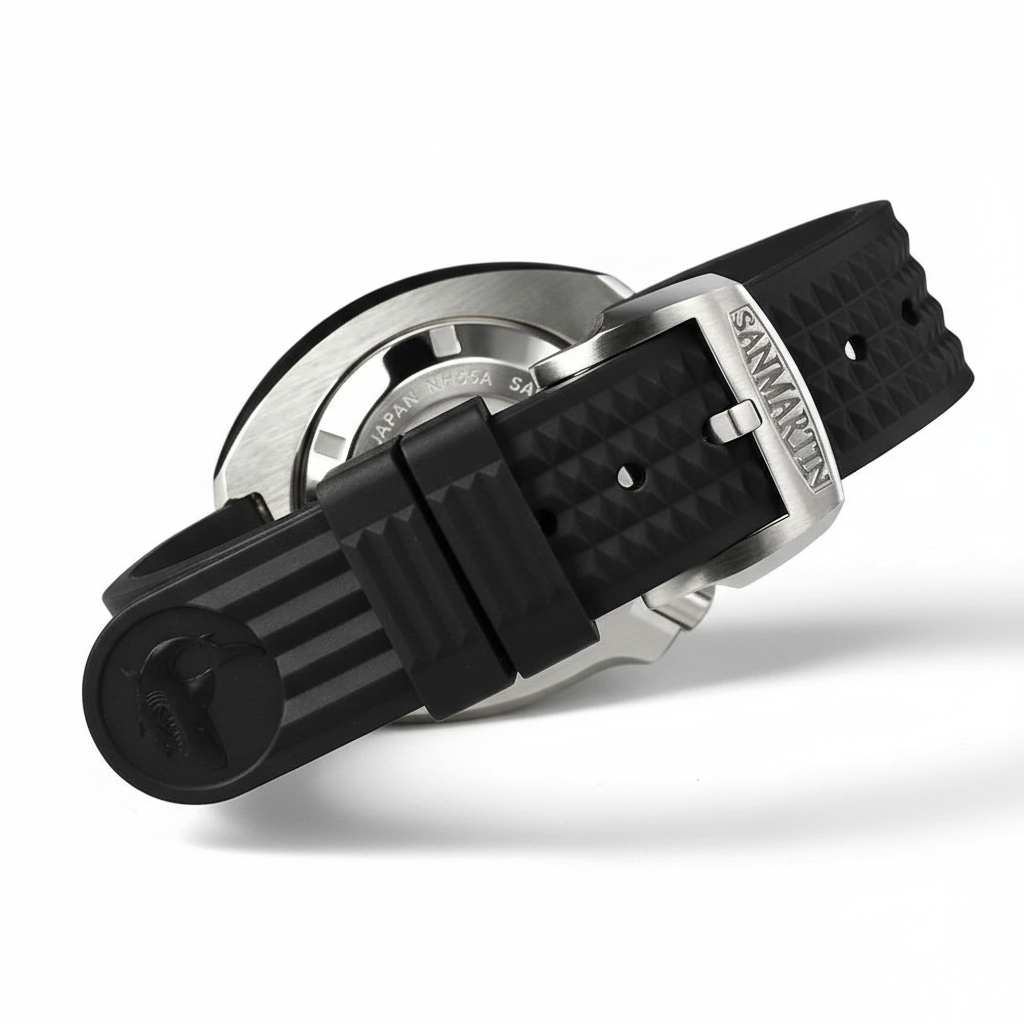 San Martin Military Turtle automatic diver with durable rubber strap and buckle clasp.