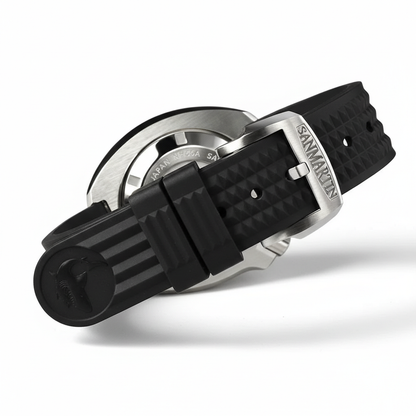 San Martin Military Turtle automatic diver with durable rubber strap and buckle clasp.